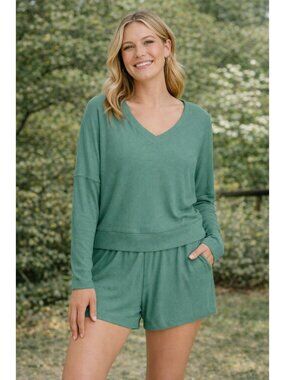 Auden size XXL Cozy Ribbed Pullover Long-Sleeve Top Green V-neck Sleepwear